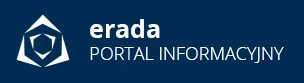 Białe logo z sześciokątem i trójkątami obok białego tekstu "erada PORTAL INFORMACYJNY" na granatowym tle.
