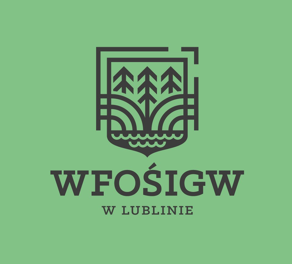 Herb z trzema drzewami, falistymi liniami i prostokątną ramką na zielonym tle, pod nim napis WFOŚIGW W LUBLINIE.
