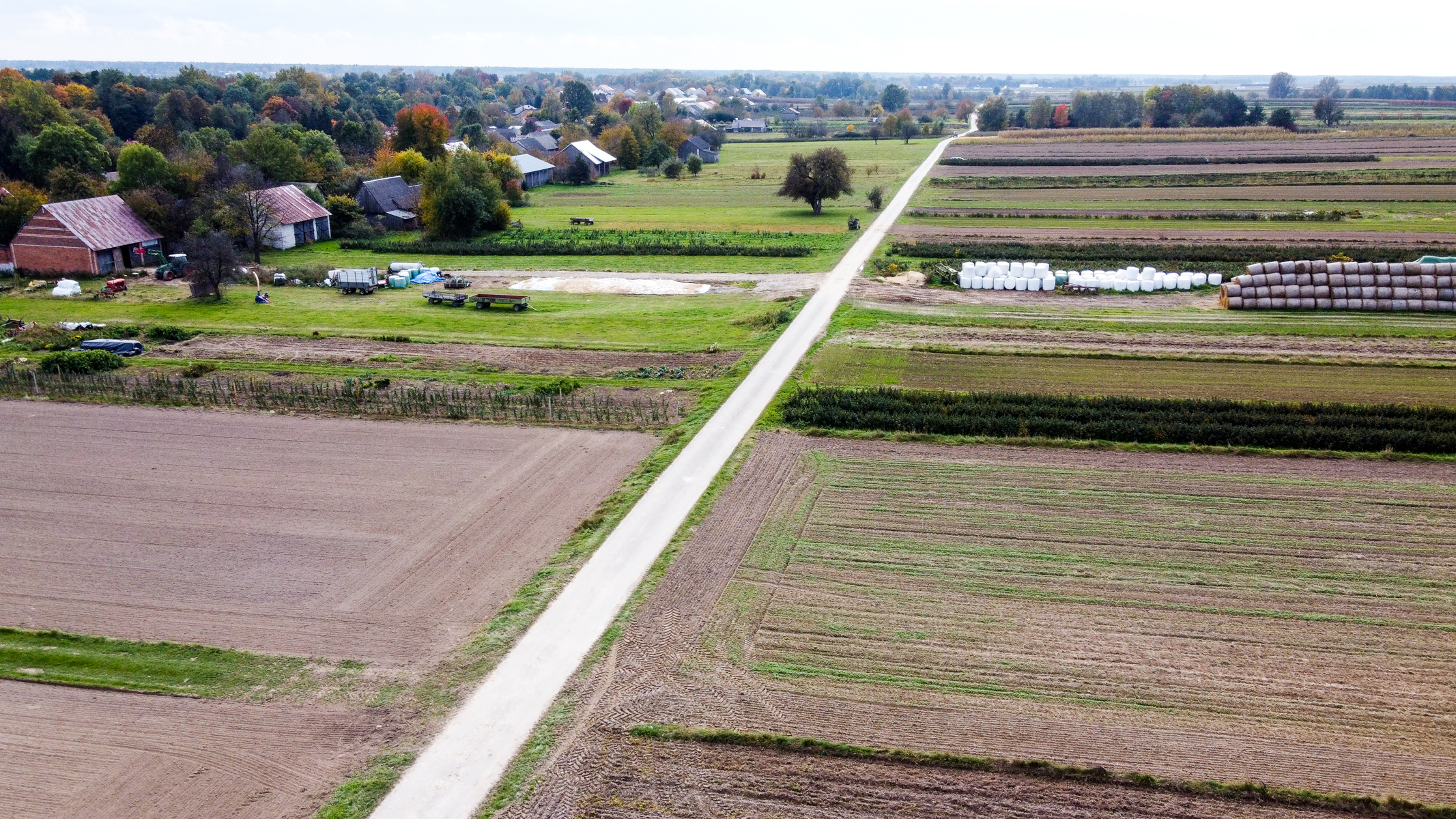 Widok z lotu ptaka na pola uprawne, drogę wzdłuż pól, zabudowania gospodarcze i drzewa o jesiennych barwach.