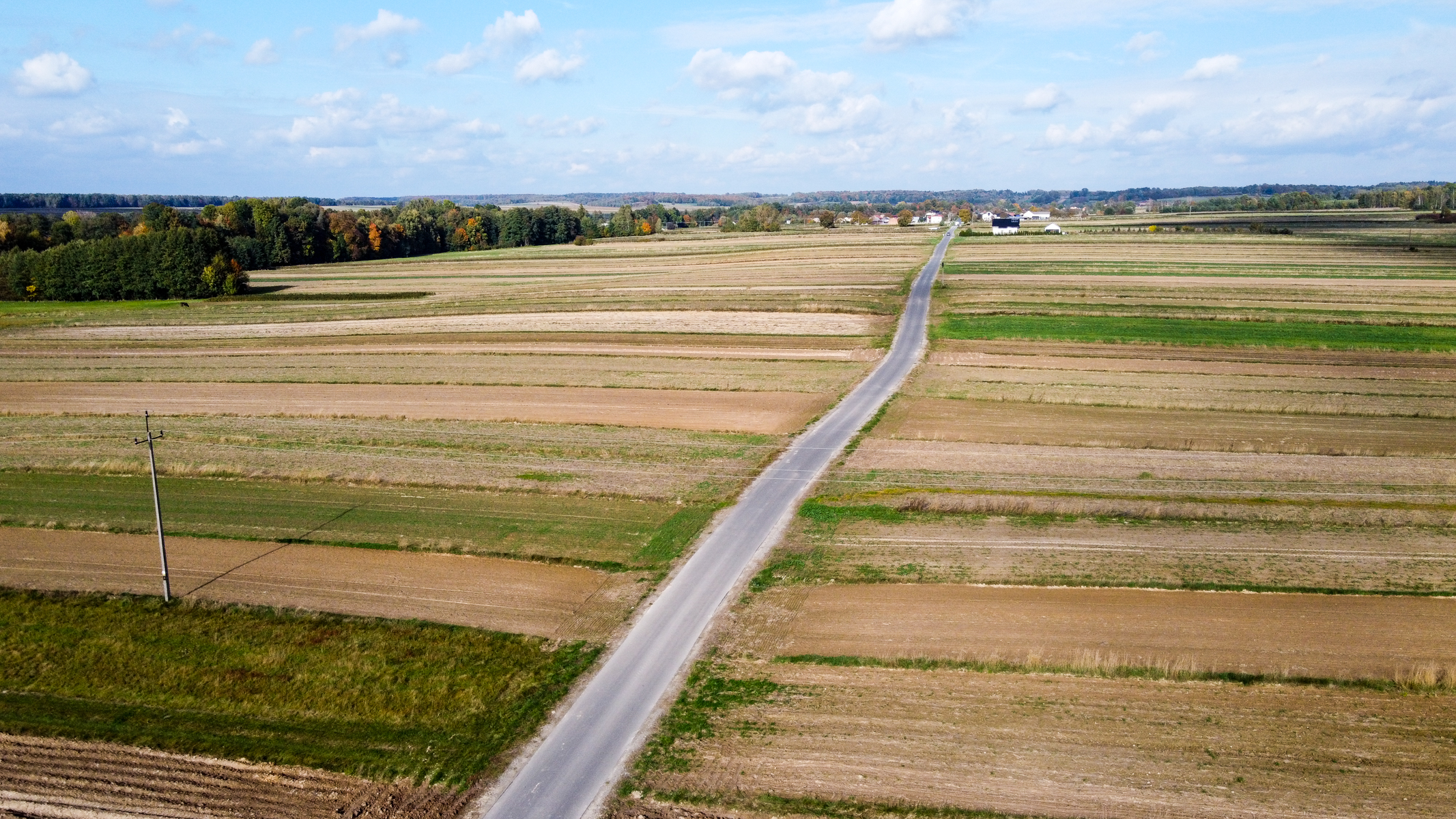 Droga biegnąca przez pola uprawne o różnych odcieniach brązu i zieleni, w tle las i rozproszone zabudowania pod niebieskim niebem z chmurami.