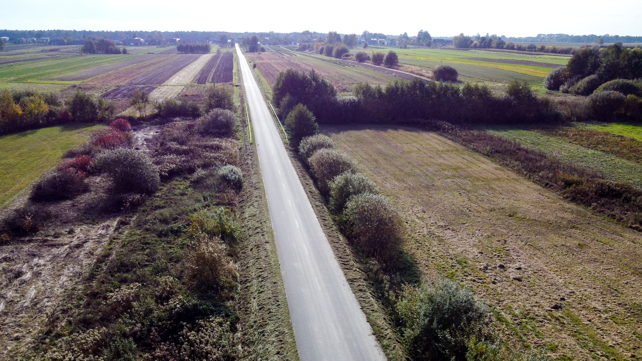 Wąska asfaltowa droga biegnąca przez pola, po bokach niskie krzewy i zarośla, w tle rozległe pola uprawne i nieliczne drzewa pod jasnym niebem.