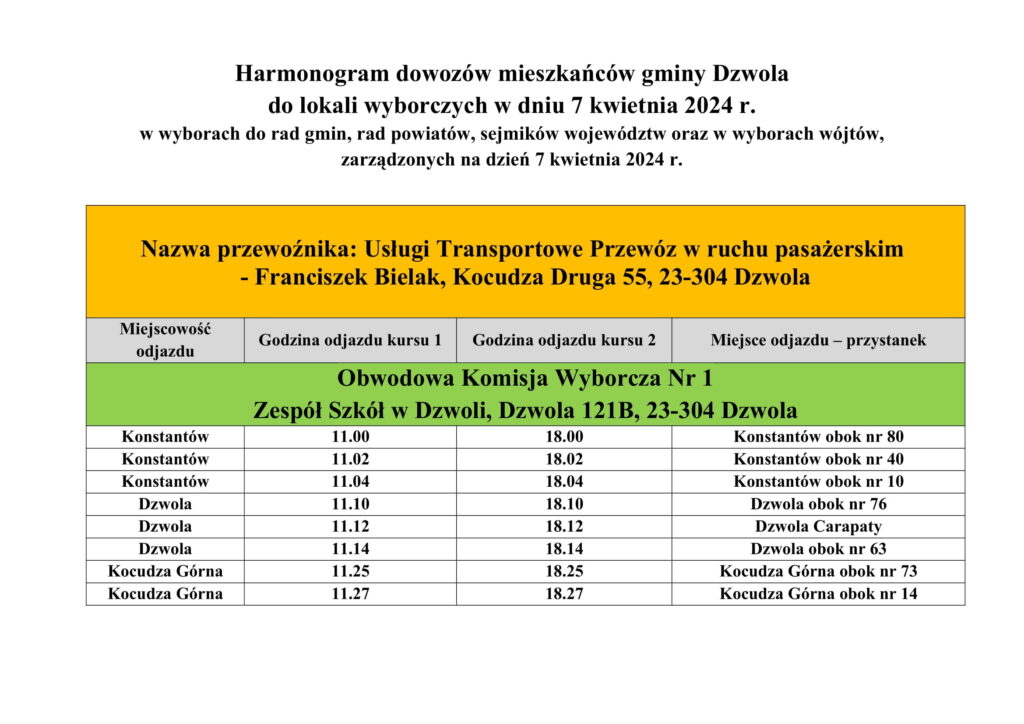 Harmonogram dowozów mieszkańców gminy Dzwola do lokali wyborczych 7 kwietnia 2024, tabela z godzinami odjazdów z Konstantowa, Dzwoli i Kocudzy Górnej, przystanki i przewoźnik na żółtym tle.