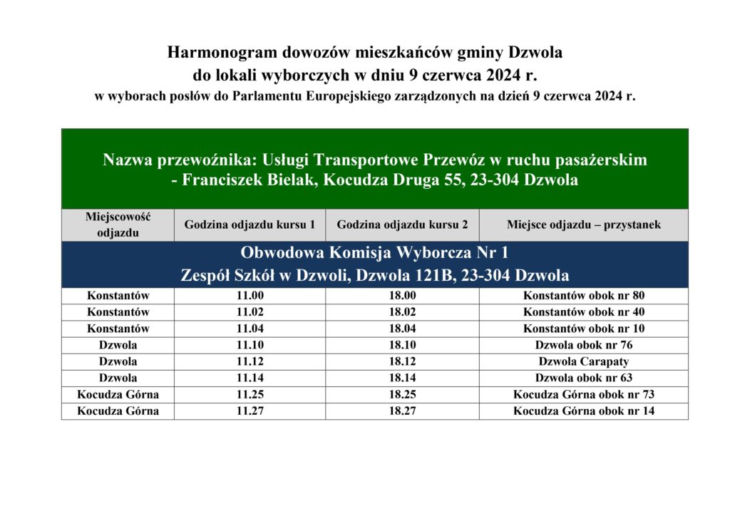 Harmonogram dowozów mieszkańców gminy Dzwola do lokali wyborczych 9 czerwca 2024, z godzinami odjazdów i przystankami dla miejscowości Konstantów, Dzwola, Kocudza Górna.