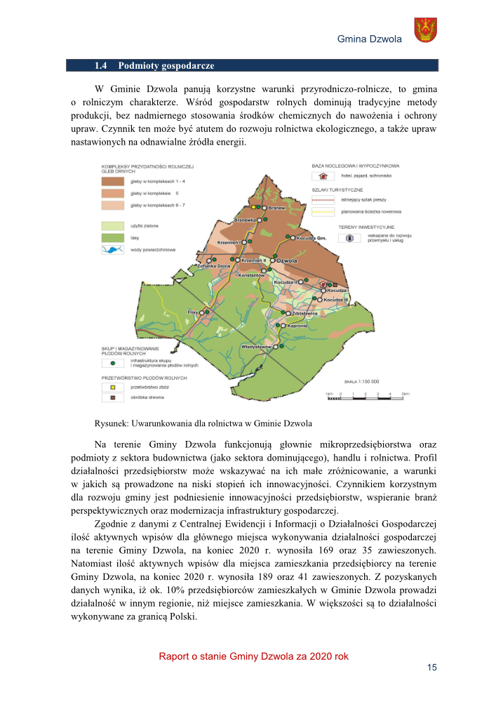 Mapa gminy Dzwola z podziałem na kompleksy gleb ornych, użytki zielone, lasy, wody powierzchniowe, szlaki turystyczne oraz miejsca noclegowe i inwestycyjne.