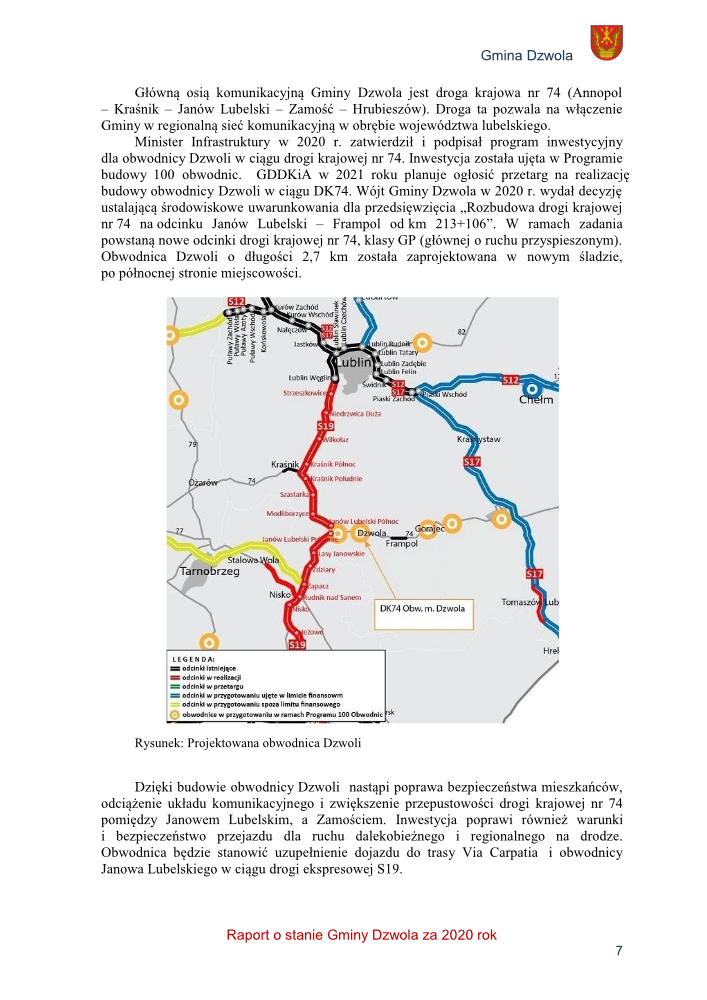 Mapa z zaznaczonymi trasami drogowymi w kolorach czerwonym, niebieskim, zielonym i żółtym na tle szarych konturów regionu z nazwami miejscowości i numerami dróg.