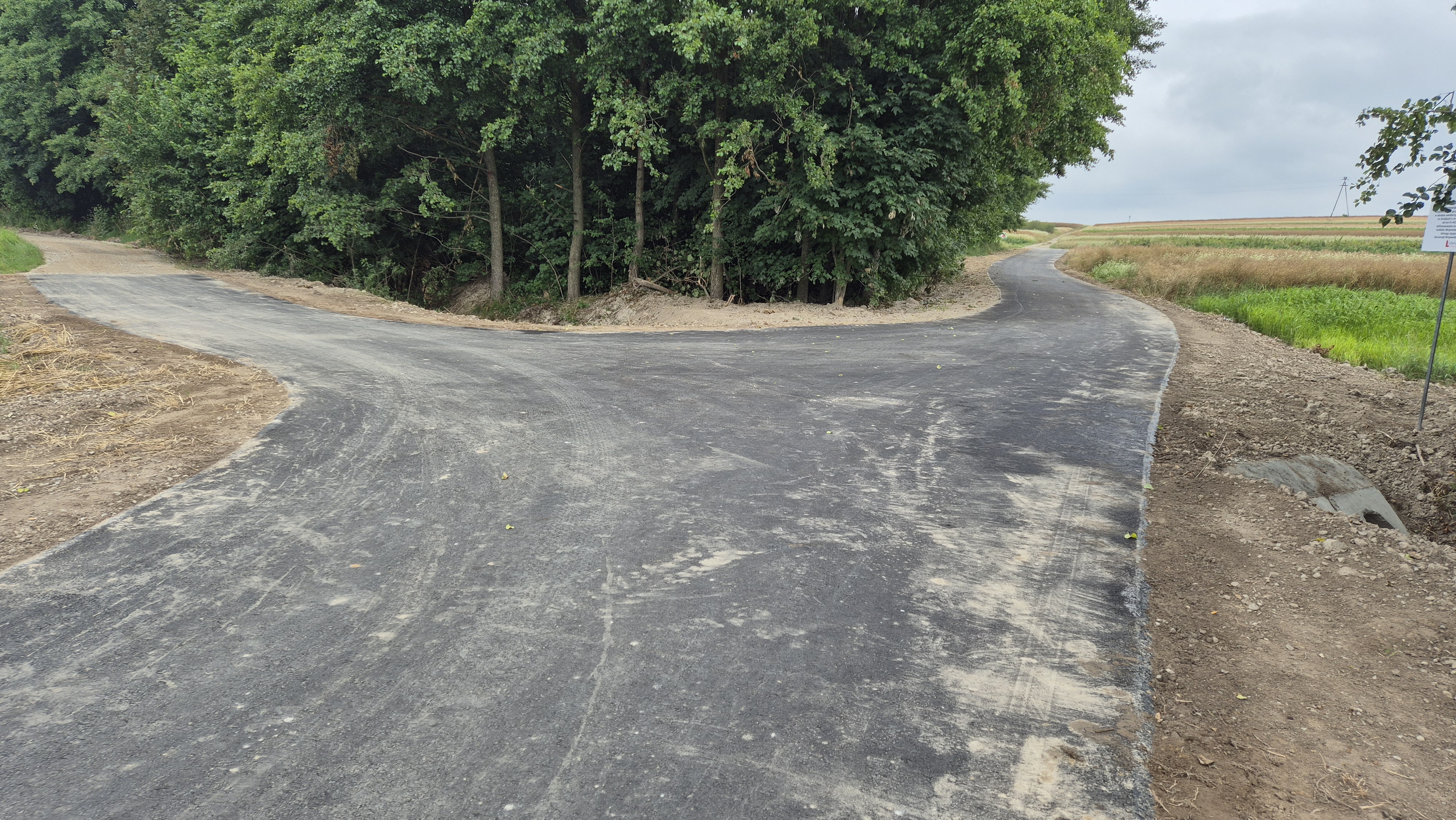 Rozwidlenie dwóch asfaltowych dróg na tle zielonych drzew i pól, po bokach świeża ziemia, niebo częściowo zachmurzone.