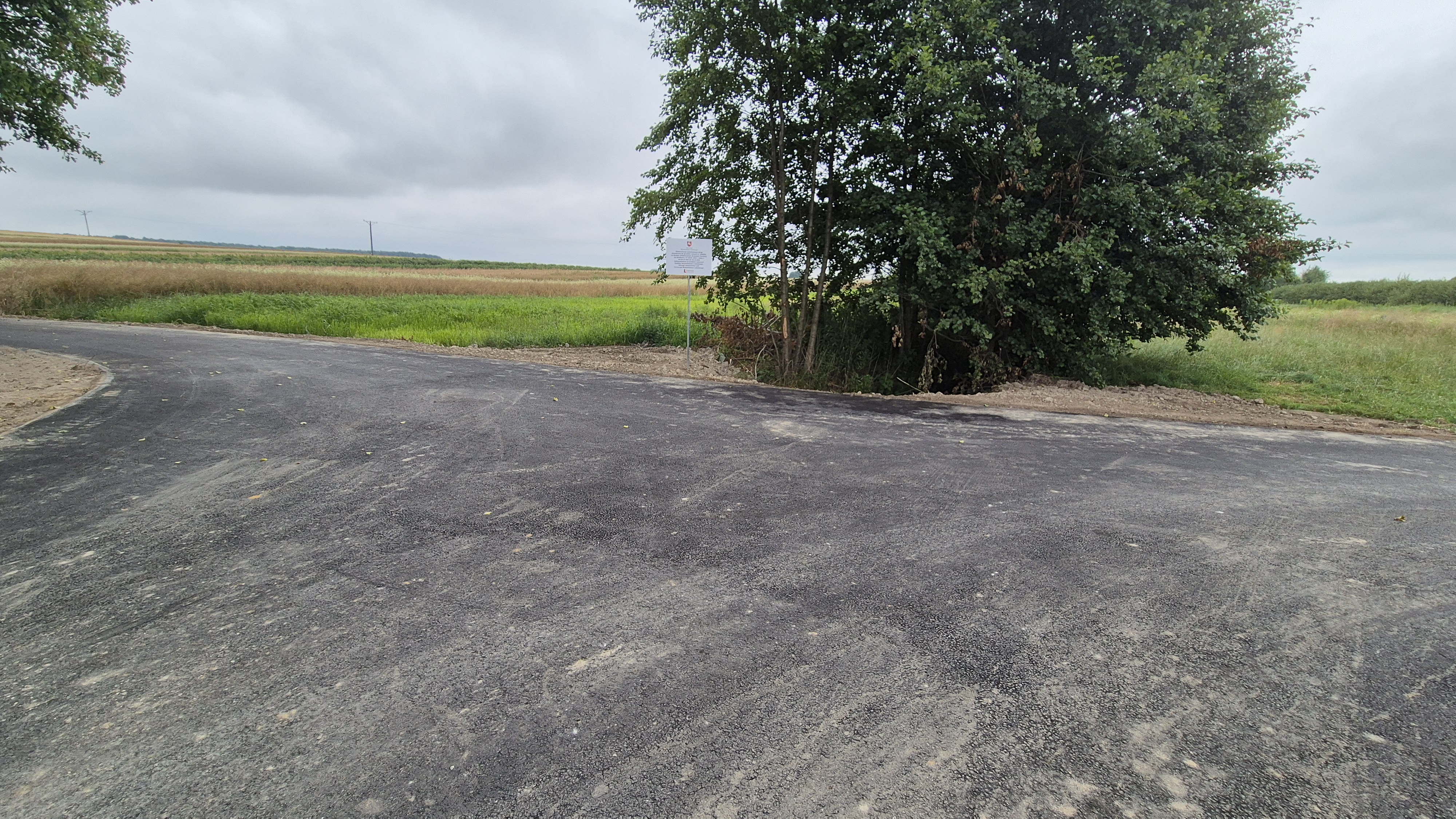 Asfaltowa droga na rozstaju, z prawej strony gęste zielone krzewy i drzewa, w tle pola i zachmurzone niebo.