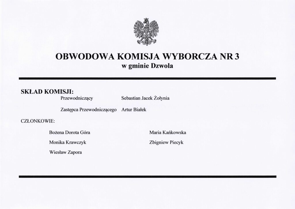 Emblemat orła nad napisem Obwodowa Komisja Wyborcza nr 3 w gminie Dzwola, lista członków komisji wyborczej na białym tle, czarny tekst, dwie poziome czarne linie.