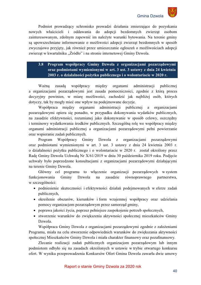 Strona dokumentu z tekstem w języku polskim, z nagłówkiem i herbem Gminy Dzwola, zawiera akapit oraz listę punktowaną dotyczącą współpracy gminy z organizacjami pozarządowymi w 2020 roku.