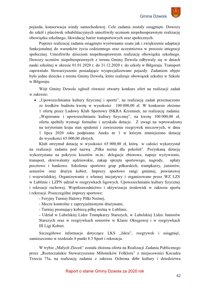 Strona z raportu Gminy Dzwola za 2020 rok z tekstem o dowozach uczniów niepełnosprawnych, konkursie sportowym i dotacji dla Ludowego Klubu Sportowego ISKRA, z herbem gminy.