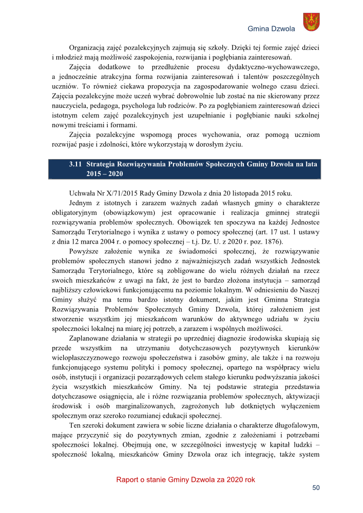 Strona dokumentu z tekstem o strategii rozwiązywania problemów społecznych Gminy Dzwola na lata 2015–2020, z nagłówkiem na granatowym tle i herbem gminy w prawym górnym rogu.
