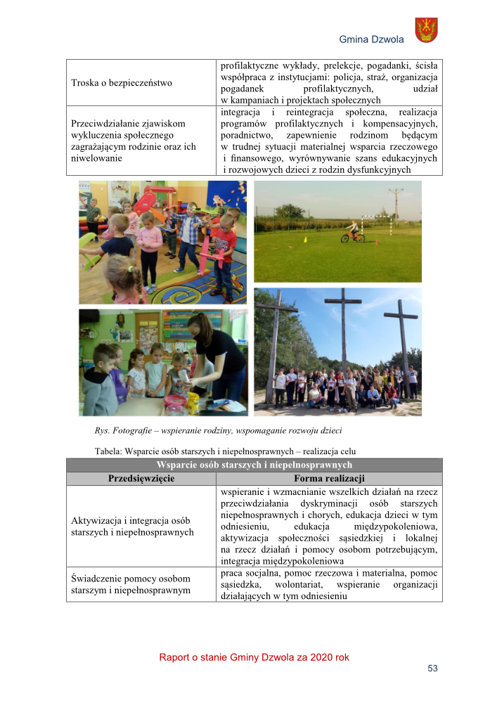 Dzieci bawiące się na sali z kolorowymi matami, chłopiec na rowerze na trawniku z pachołkami, kobieta pokazująca coś grupie dzieci przy stole, grupa ludzi przy trzech dużych drewnianych krzyżach na zewnątrz.