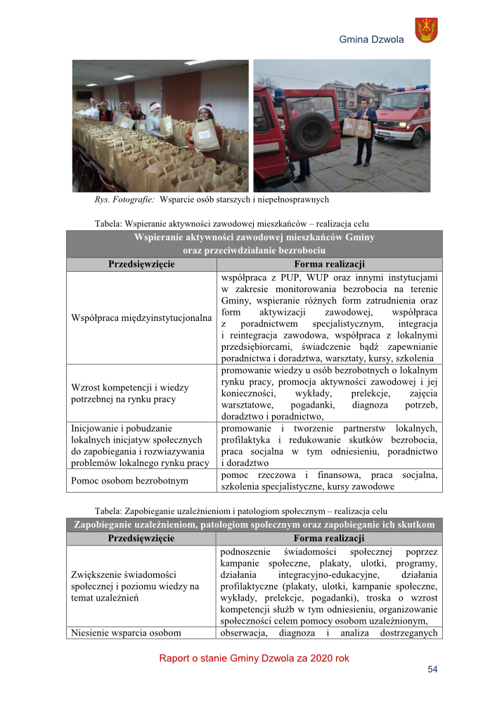 Grupa osób w czapkach mikołajkowych przy stołach z wieloma papierowymi torbami; mężczyzna z torbami przy czerwonych samochodach strażackich na tle budynków.