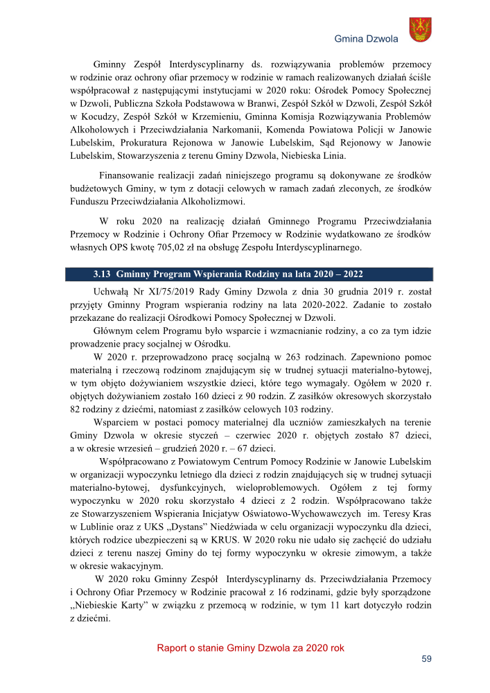 Tekst na białym tle z nagłówkiem "3.13 Gminny Program Wspierania Rodziny na lata 2020 – 2022" i herbem Gminy Dzwola w prawym górnym rogu, zawierający szczegółowe informacje o programach pomocy rodzinie i współpracy instytucji w 2020 roku.