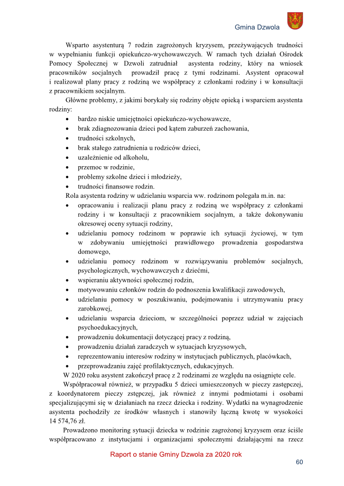 Tekst dokumentu z nagłówkiem "Gmina Dzwola", zawierający opis działań asystenta rodziny wspierającego 7 rodzin zagrożonych kryzysem, z listą problemów i zadań asystenta oraz podsumowaniem pracy w 2020 roku.