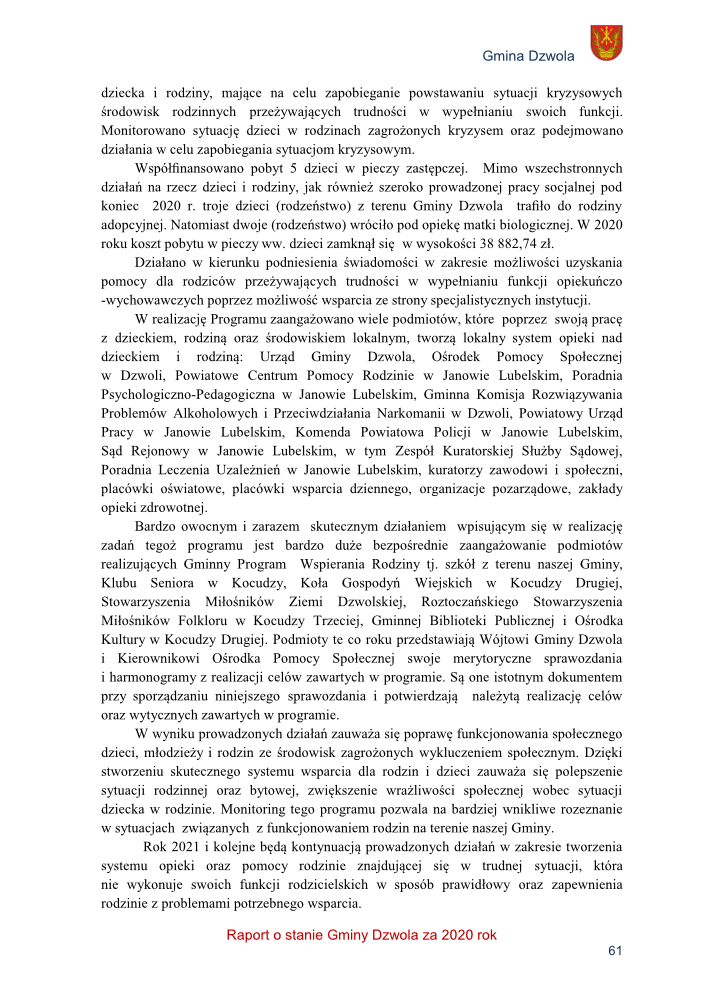Tekst na białym tle z godłem i napisem "Gmina Dzwola", opisujący działania wsparcia rodzin i dzieci w kryzysie, z podsumowaniem realizacji programu i planami na rok 2021.