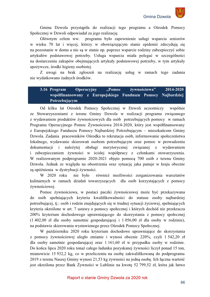 Strona dokumentu z tekstem czarnym na białym tle, nagłówek w ramce granatowej z białym tekstem, herb gminy Dzwola w prawym górnym rogu.