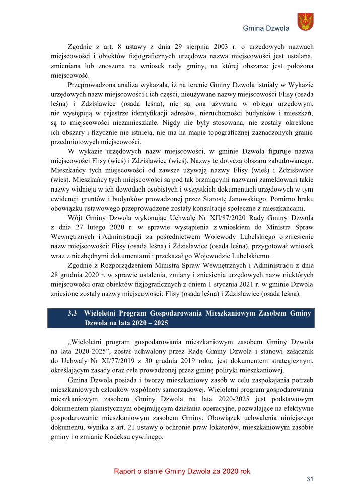 Strona dokumentu z tekstem w języku polskim, zawiera nagłówek, akapity oraz wyróżniony niebieski pasek z tytułem rozdziału 3.3, na dole czerwony napis i numer strony 31.