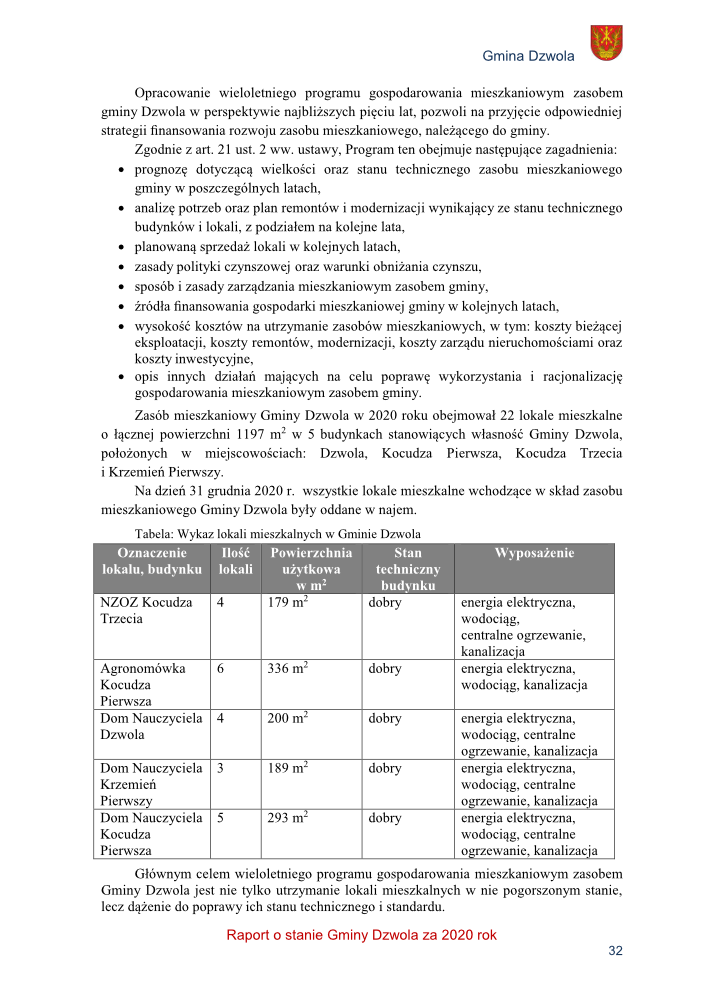Strona dokumentu z tekstem i tabelą, czarne litery na białym tle, w prawym górnym rogu herb gminy Dzwola, tabela z danymi o lokalach mieszkalnych w Gminie Dzwola.