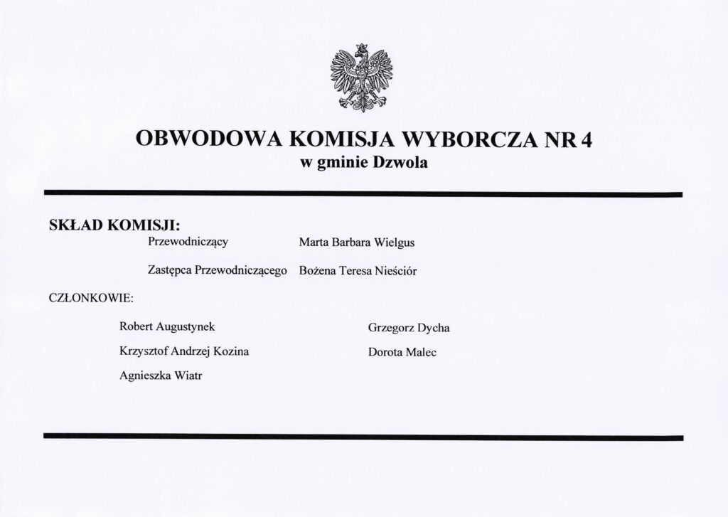 Nadruk czarnego orła, tytuł komisji wyborczej, lista członków z podziałem na przewodniczącego, zastępcę i członków, czarny poziomy pasek u góry i na dole.