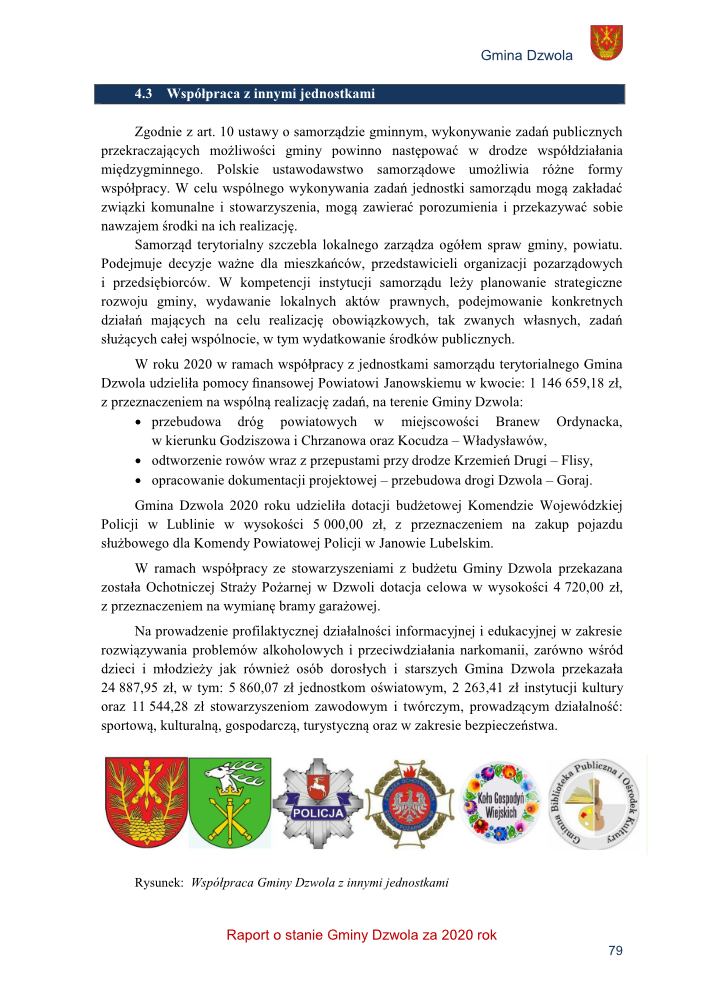 Sześć herbów i logo: herb z czerwonym tłem i żółtym orłem, herb z zielonym tłem i białymi symbolami, niebieska odznaka policji, herb z czerwonym tłem i białym orłem, kolorowe logo Koła Gospodyń Wiejskich, logo Gminnej Biblioteki Publicznej.