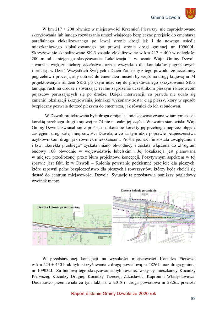 Mapa planistyczna z naniesionymi zmianami przebiegu drogi w miejscowości Dzwola, fragment mapy technicznej z kolorowymi liniami i oznaczeniami.