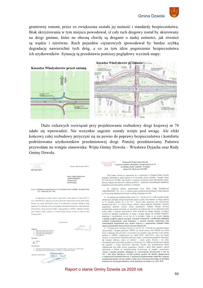 Mapa przedstawiająca układ dróg przed i po zmianie w Kocudza Władysławów, schematy z zaznaczonymi liniami i detalami topograficznymi.