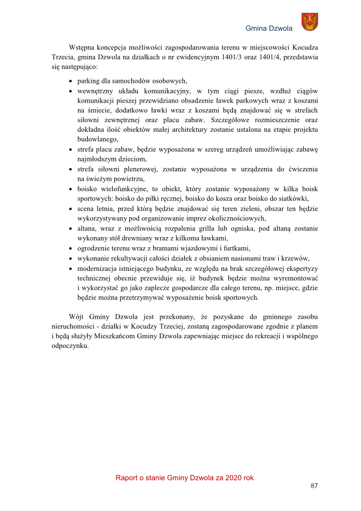 Biała strona z tekstem w języku polskim i herbem Gminy Dzwola w prawym górnym rogu. Tekst zawiera punktowaną listę planów zagospodarowania terenu. Na dole czerwony napis i numer strony.