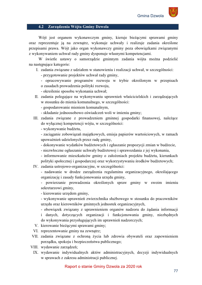Strona dokumentu z tekstem o zadaniach i kompetencjach Wójta Gminy Dzwola, podzielona na punkty i podpunkty, z nagłówkiem i herbem gminy w prawym górnym rogu.