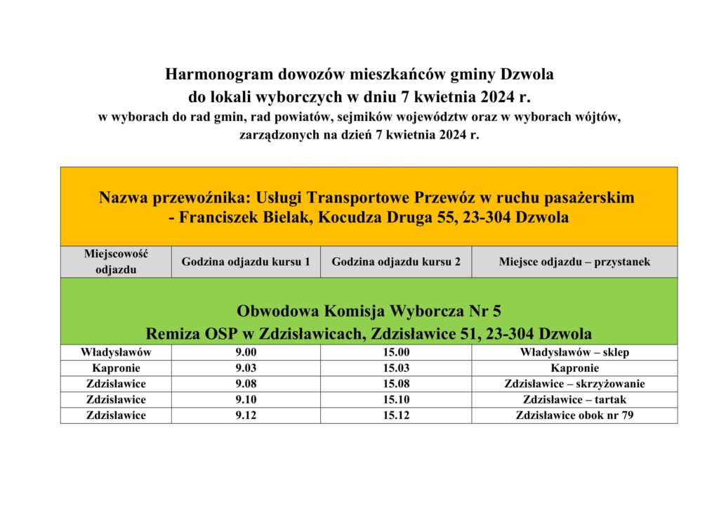 Harmonogram dowozów mieszkańców gminy Dzwola do lokali wyborczych 7 kwietnia 2024, z godzinami odjazdu z Władysławowa, Kaproni i Zdzisławic oraz miejscami przystanków.
