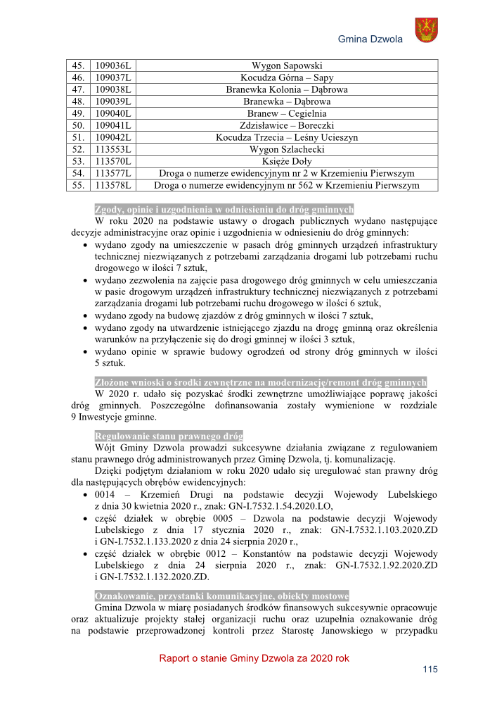 Tabela z numerami i nazwami dróg, tekst dotyczący decyzji i działań administracyjnych w sprawie dróg gminnych, fragment raportu gminy Dzwola, herb gminy.