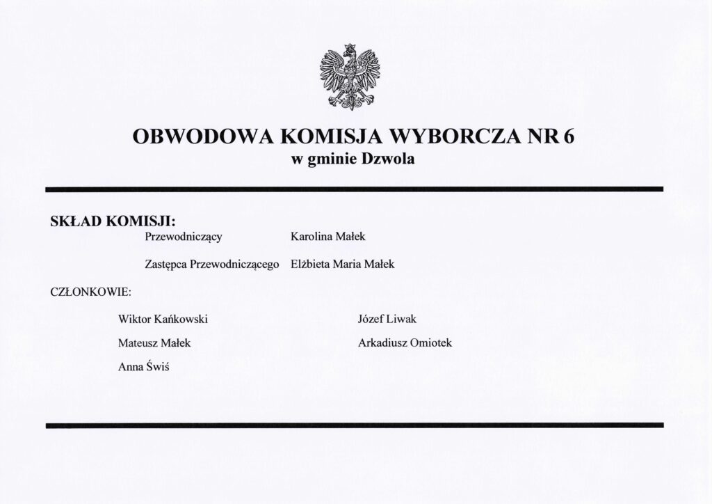 Godło Polski nad czarnym napisem Obwodowa Komisja Wyborcza nr 6 w gminie Dzwola, lista nazwisk członków komisji wyborczej na białym tle.