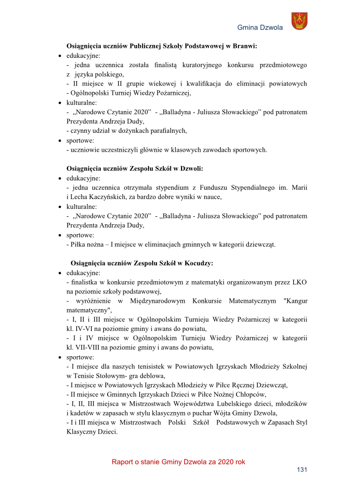 Tekst zawiera listę osiągnięć uczniów szkół w Gminie Dzwola w 2020 roku, podzieloną na edukacyjne, kulturalne i sportowe, wraz z herbem gminy w prawym górnym rogu.