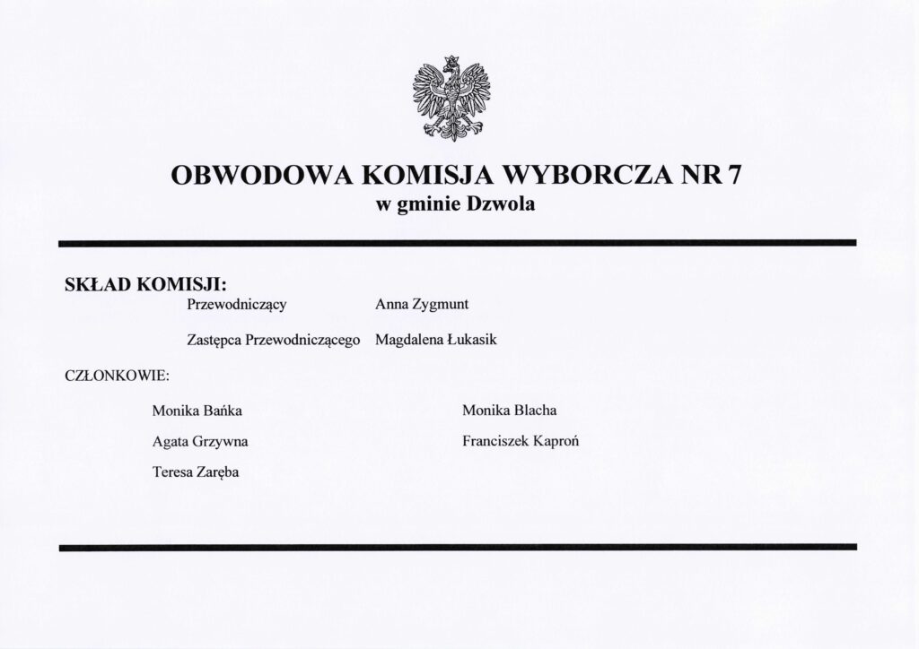 Godło Polski nad napisem Obwodowa Komisja Wyborcza nr 7 w gminie Dzwola, lista członków komisji z podziałem na przewodniczącego, zastępcę i członków, czarny tekst na białym tle.