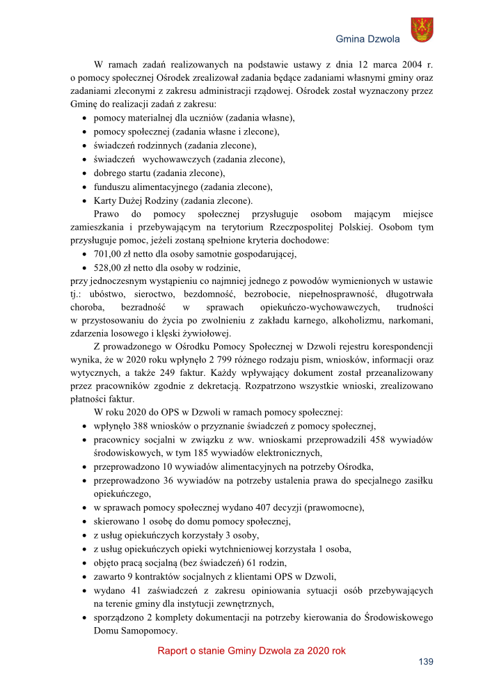 Strona raportu z tekstem dotyczącym zadań Ośrodka Pomocy Społecznej w gminie Dzwola, wykazem wykonanych działań i statystyką za 2020 rok, logo i herb gminy.