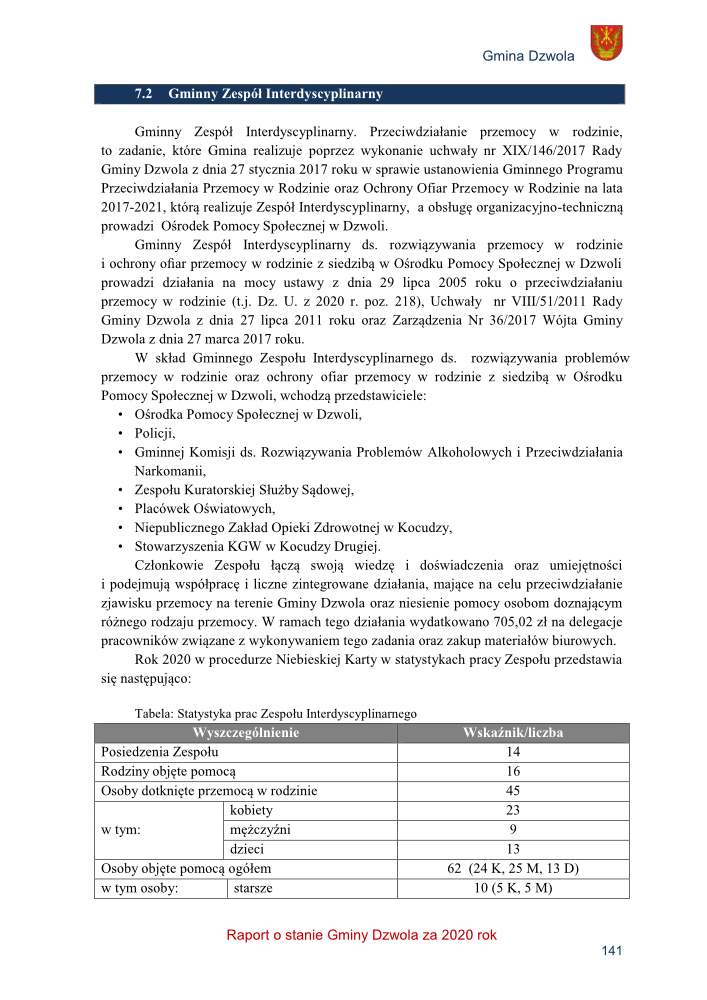 Strona dokumentu z tekstem i tabelą, biała karta, czarny i czerwony tekst, nagłówek w niebieskim pasku, herb gminy w prawym górnym rogu.