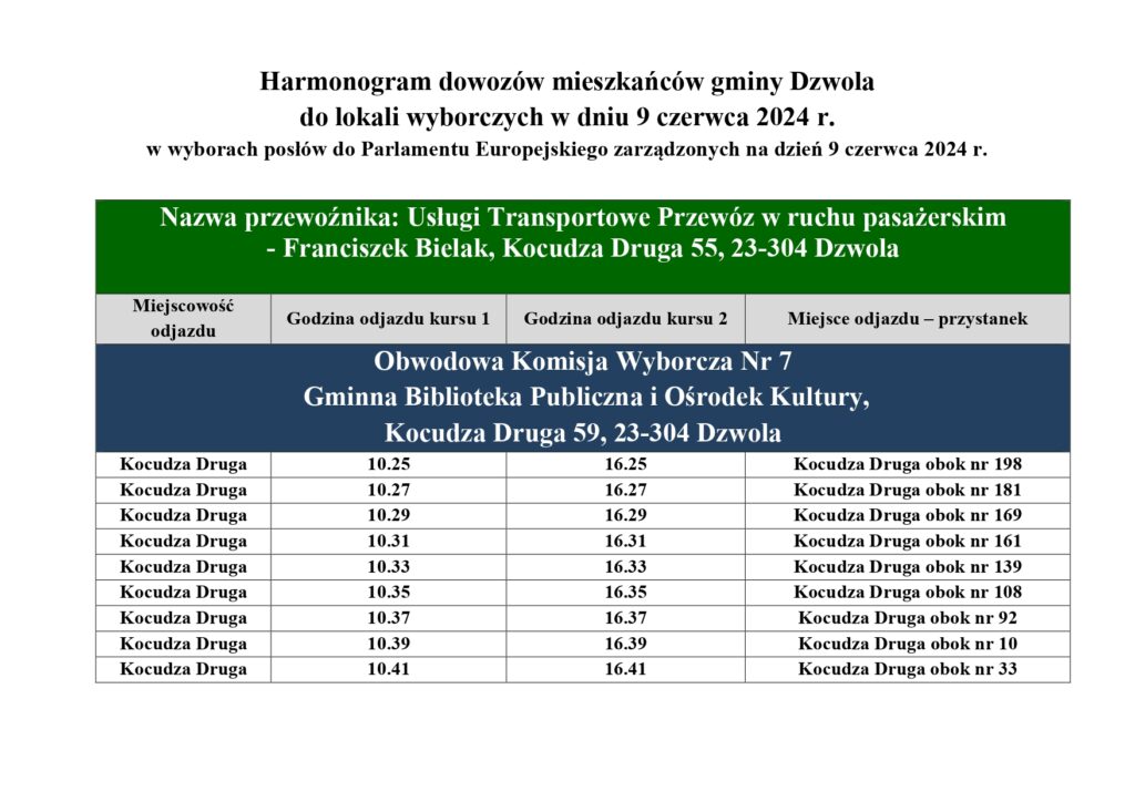 Tabela z harmonogramem dowozów mieszkańców gminy Dzwola 9 czerwca 2024, z godzinami odjazdów z Kocudza Druga i miejscami przystanków, kolor zielony i granatowy nagłówki.