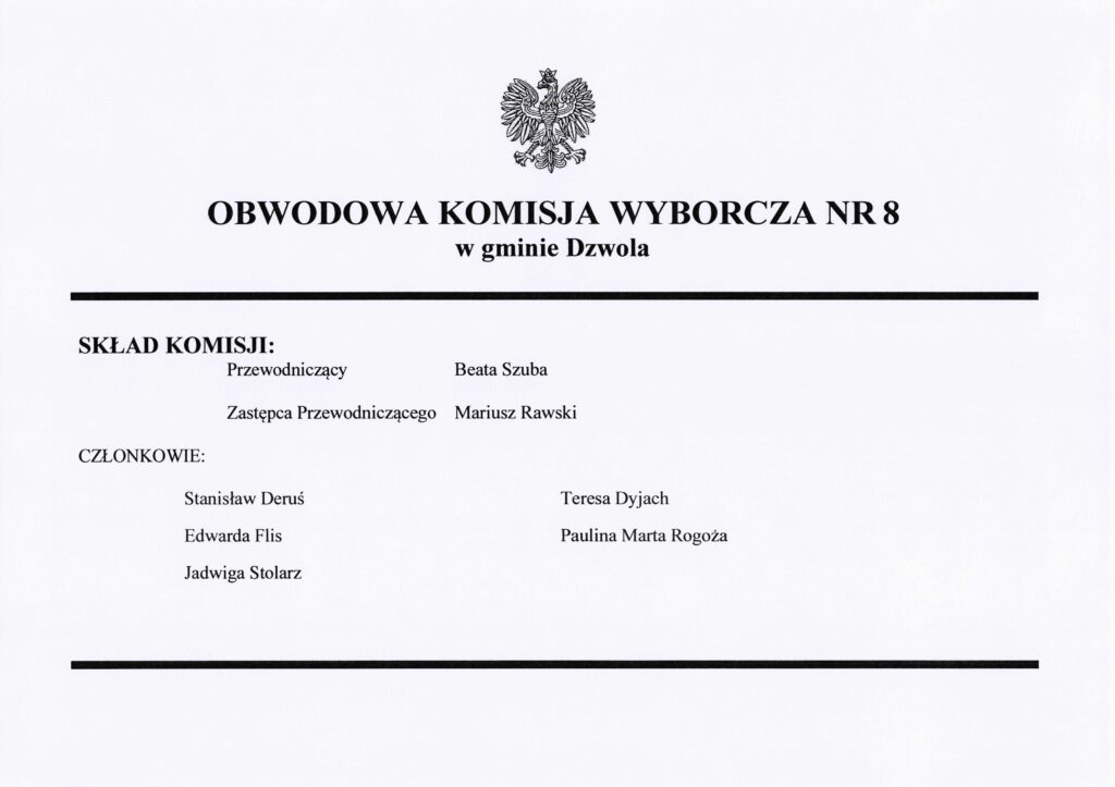 Nadruk czarnego orła na białym tle, tekst w języku polskim o składzie Obwodowej Komisji Wyborczej nr 8 w gminie Dzwola z nazwiskami członków komisji.