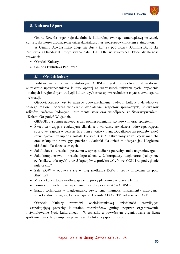 Strona dokumentu z tekstem o działalności kulturalnej i sporcie w Gminie Dzwola, z nagłówkiem i herbem gminy w prawym górnym rogu.