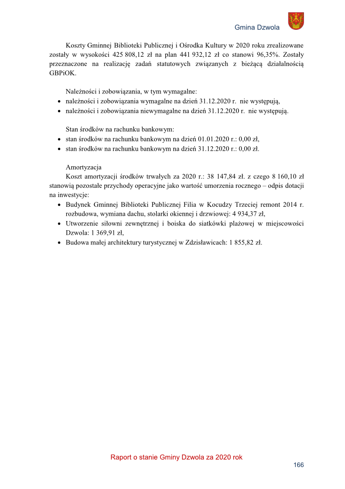 Tekst czarny na białym tle, z czerwonym napisem u dołu i herbem w prawym górnym rogu; zawiera informacje o kosztach Gminnej Biblioteki Publicznej i Ośrodka Kultury w 2020 roku, zobowiązaniach, stanie środków i amortyzacji.