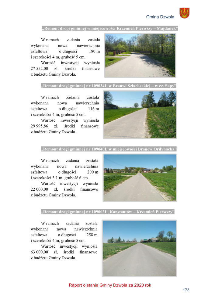 Asfaltowa droga wiejska na tle zielonych drzew i traw, niebieskie niebo, widoczne budynki i pola, różne perspektywy dróg w czterech zdjęciach.