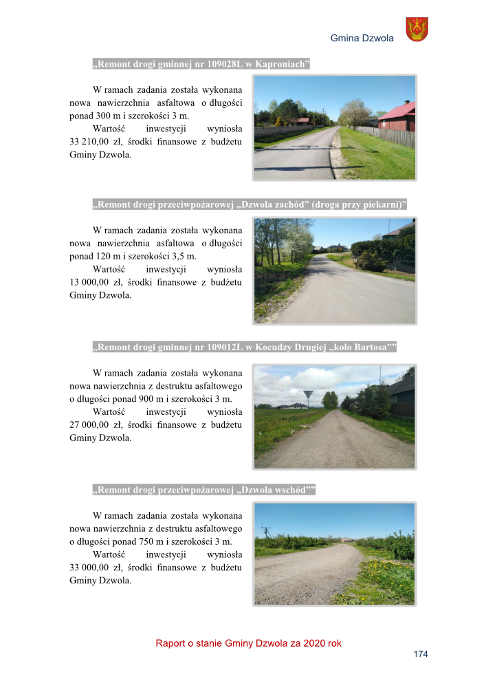 Asfaltowa droga wiejska z zielonymi drzewami i domami, asfaltowa droga z drzewami i domami, szutrowa droga wiejska z tablicą drogową, szutrowa wiejska droga z zielonymi łąkami i błękitnym niebem.