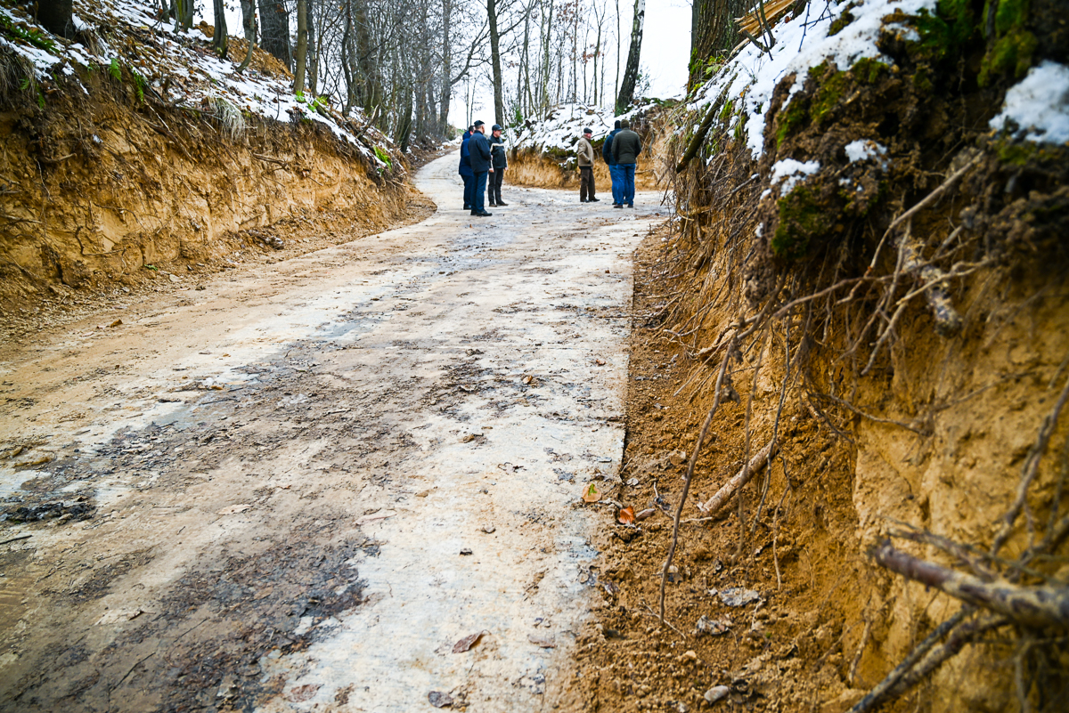 Grupa ludzi stojąca na szerokiej, błotnistej drodze w lesie z odsłoniętymi piaszczystymi skarpami i śniegiem na ziemi oraz drzewach.