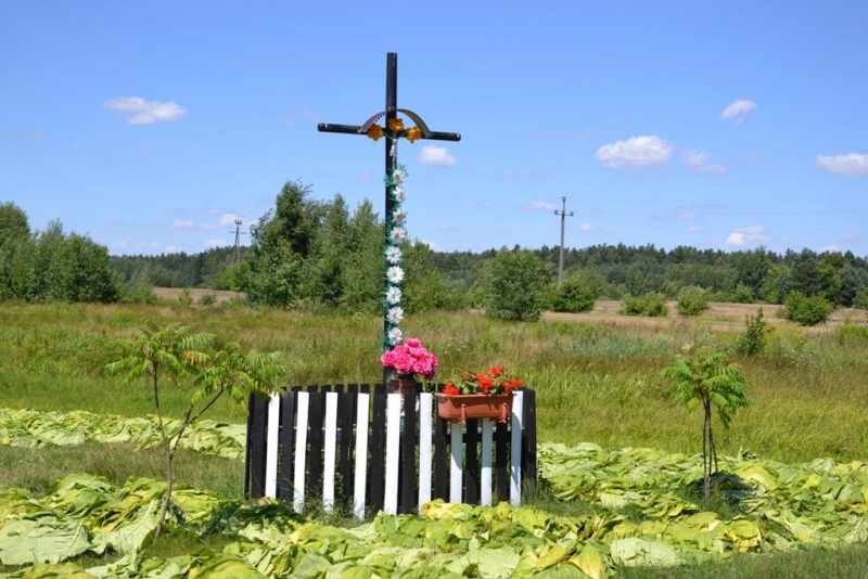 Czarny metalowy krzyż ozdobiony białymi i pomarańczowymi sztucznymi kwiatami, otoczony czarno-białym płotkiem i zielonymi liśćmi na tle łąki i drzew pod niebieskim niebem.