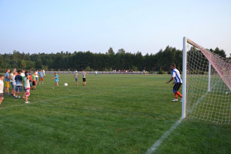 Grupa dzieci na zielonym boisku piłkarskim, jedno dziecko kopie piłkę, bramkarz w niebiesko-białej koszulce stoi przy białej bramce z siatką, w tle drzewa i trybuny.