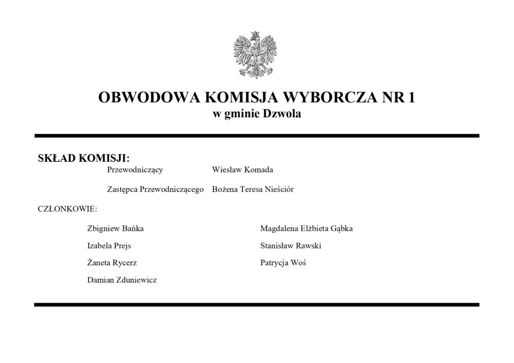 Godło Polski czarno-białe, tekst informujący o składzie Obwodowej Komisji Wyborczej nr 1 w gminie Dzwola, lista nazwisk i funkcji członków komisji na białym tle.