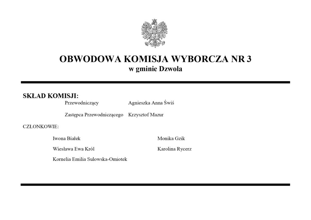 Godło Polski nad tytułem komisji wyborczej, lista nazwisk członków komisji z podziałem na przewodniczącego, zastępcę i członków, czarny poziomy pasek u góry i na dole tekstu.