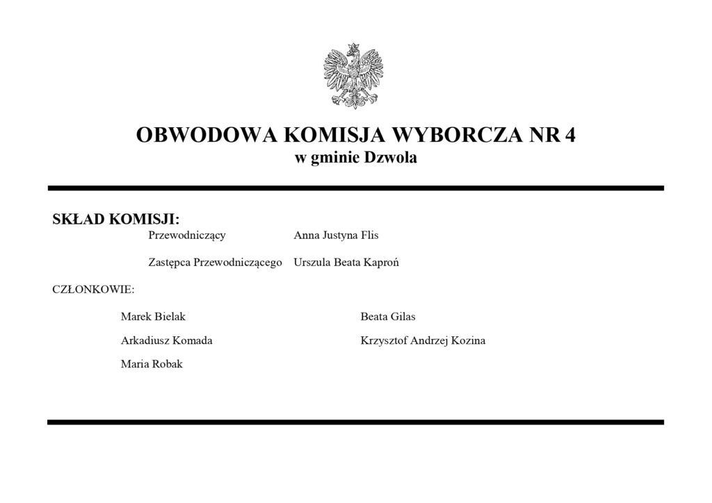 Godło Polski nad napisem Obwodowa Komisja Wyborcza nr 4 w gminie Dzwola, lista członków komisji wyborczej z nazwiskami i funkcjami, czarne poziome linie u góry i dołu.
