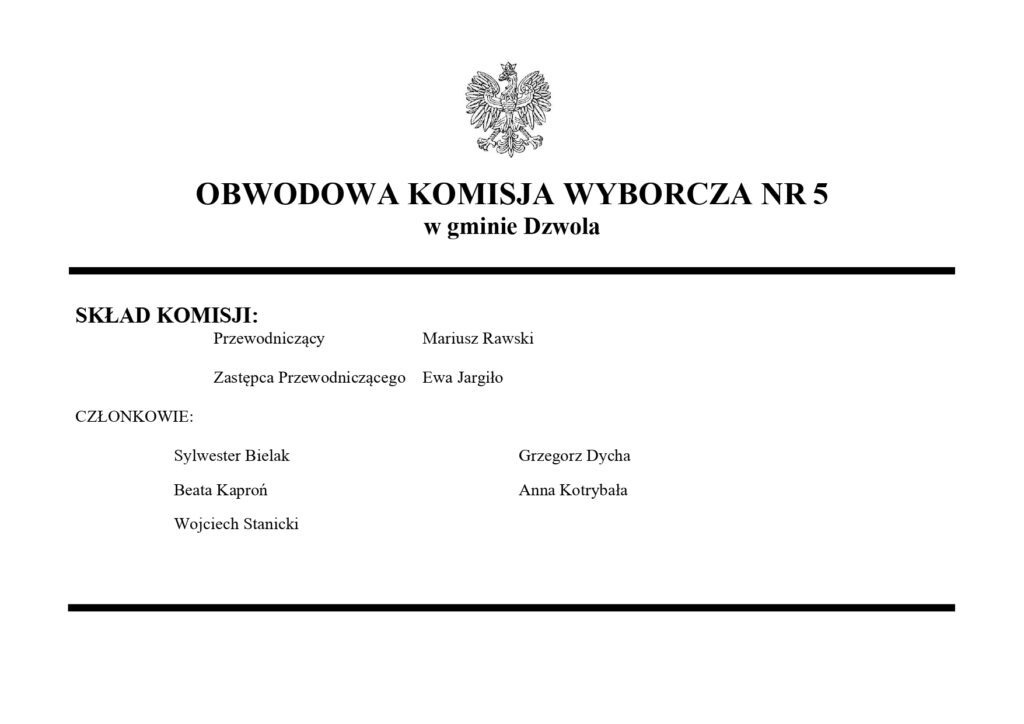 Godło Polski, tekst czarny na białym tle, lista członków Obwodowej Komisji Wyborczej nr 5 w gminie Dzwola z nazwiskami i funkcjami.