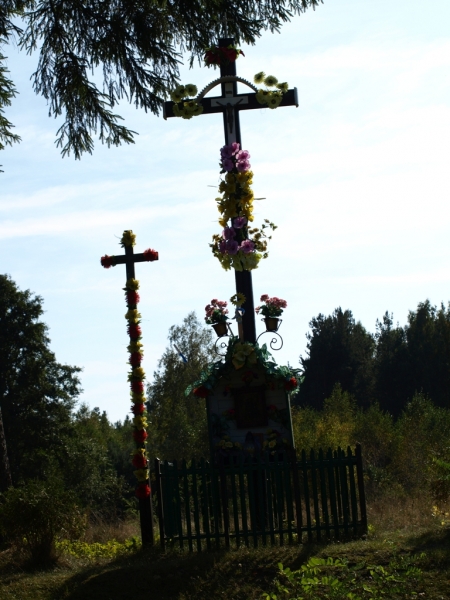 Dwa czarne krzyże ozdobione kolorowymi sztucznymi kwiatami, zielony płot, drzewa i niebieskie niebo w tle.